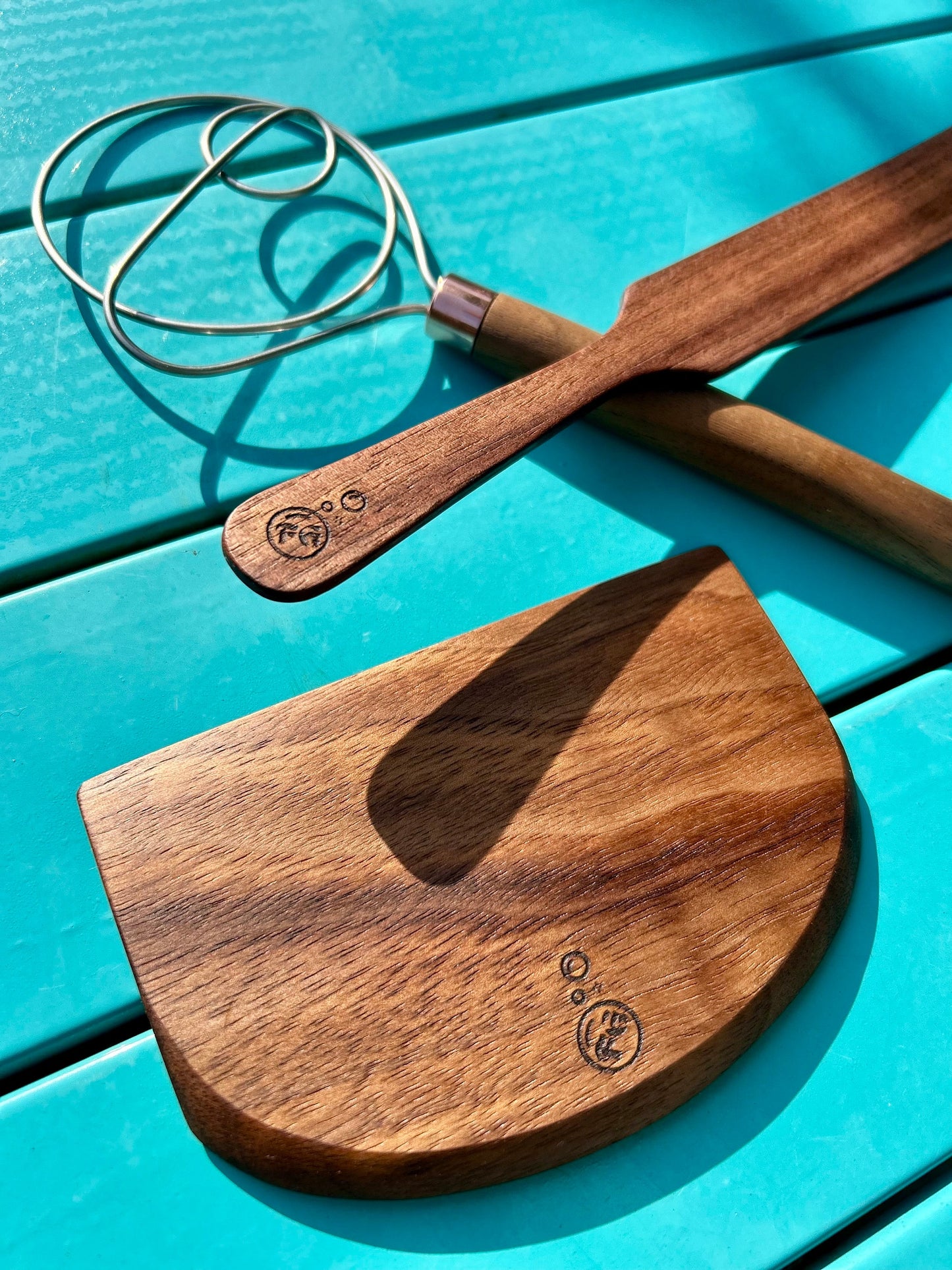 Handmade 3 Piece Wooden Baking Utensil Set - dough hook / whisk, spurtle spatula, and scraper / chopper
