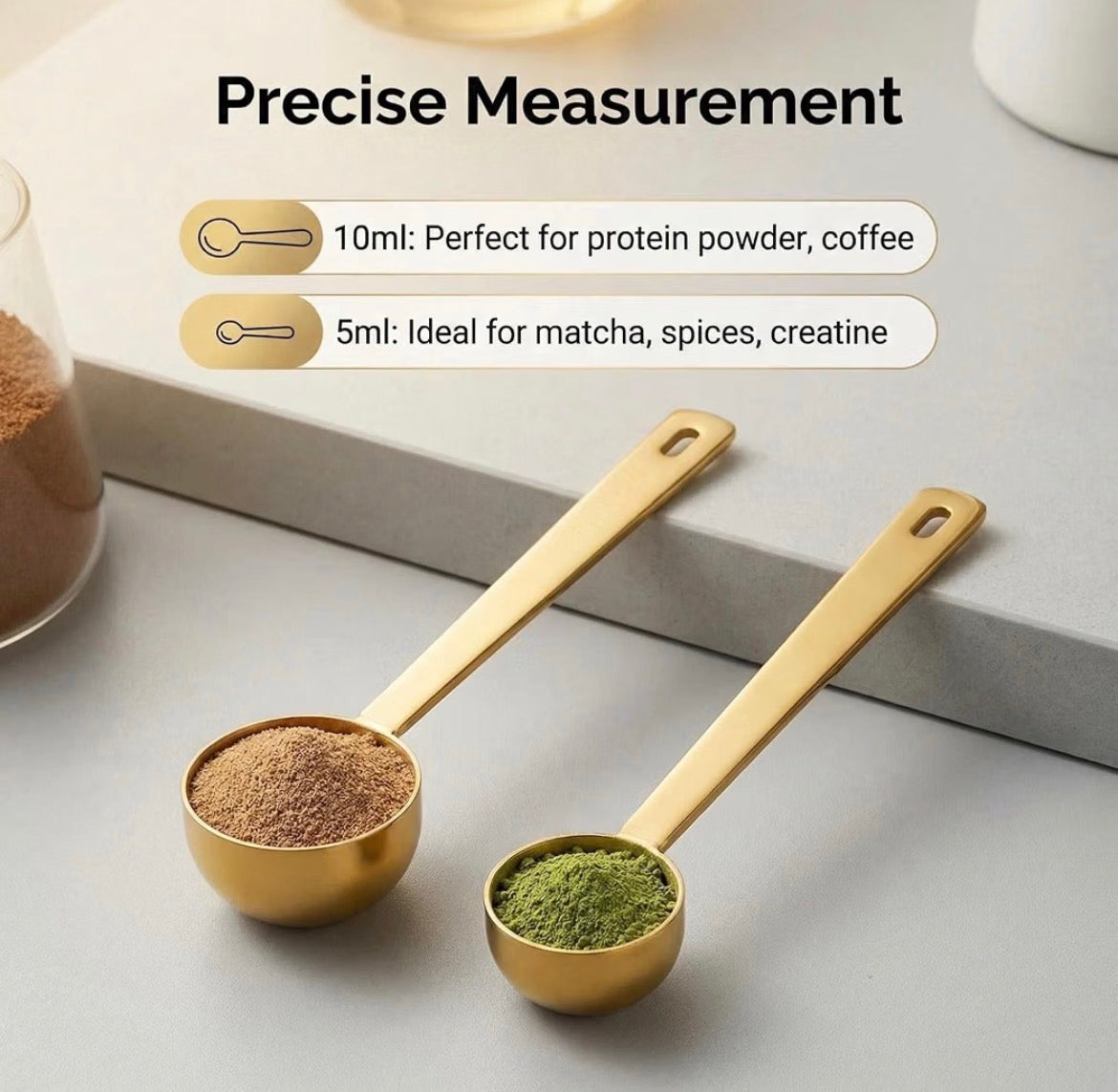 Golden scoops for tea, coffee, spices, and baking - 5ml & 10ml sizes