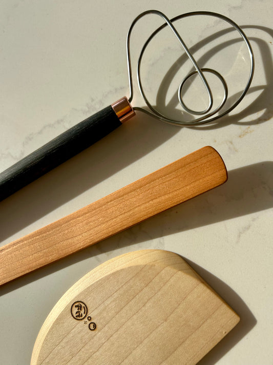 Handmade 3 Piece Wooden Baking Utensil Set - dough hook / whisk, spurtle spatula, and scraper / chopper
