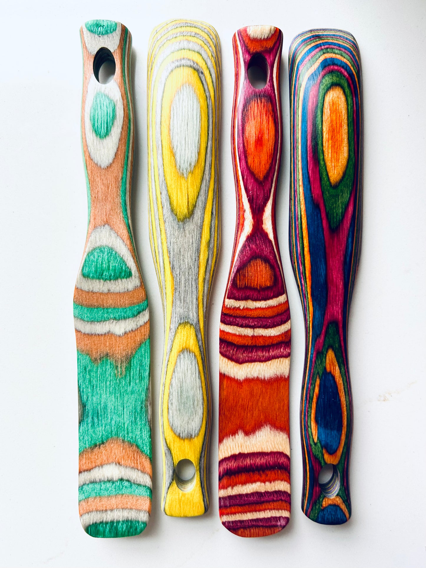 Colourful Wooden Compact Spurtle Spatulas - Naturally Dyed - handy mixing and spreading tool