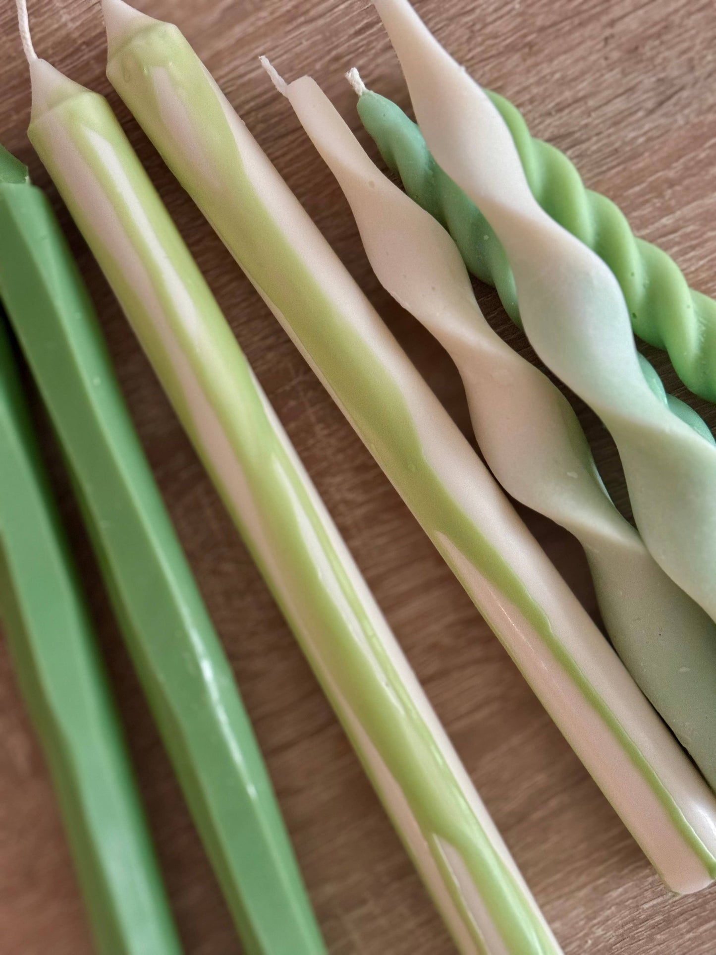 Hand carved Festive Green tapered candle sticks, soy wax
